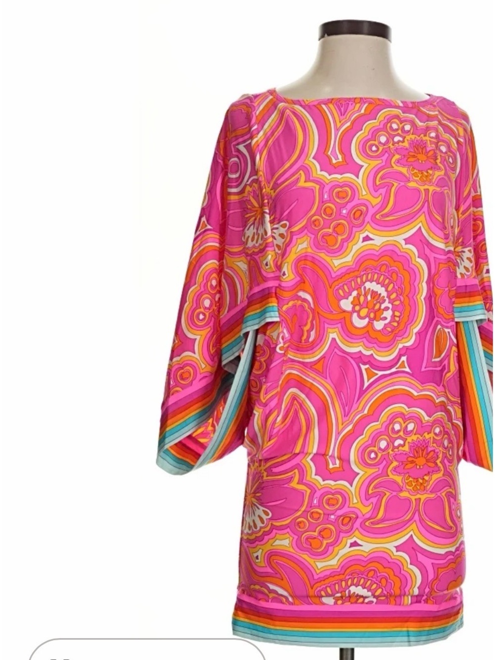 TRINA TURK • SHIFT 
Bright Pink Floral Tunic Dress with Rainbow Stripe Trim